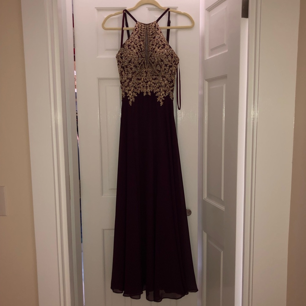 Burgundy and Gold Prom Dress